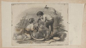 羊飼い、農夫、船乗りとしての 3 つのプッティが描かれた紙幣のビネット。 1824-37。