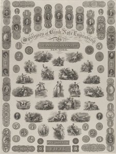 銀行券彫刻の見本シート、約。 1828年。 作： Asher Brown Durand