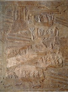 美術 メソポタミア（アッシリア）：アッシリア王サルゴン2世（紀元前721年～705年）の宮殿の中庭 レバノン産の杉材を輸送。パリ、ルーヴル美術館（Musee Du Louvre