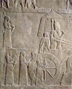 ニネベのAssurbanipal宮殿、紀元前645年頃のアスールバニパル王とエラム人の囚人の戦車、エラムキャンペーンのエピソードを描いたレリーフ