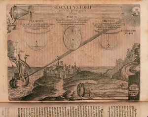 Arkhimedesen palavat peilit, kaiverrus Ars magna lucis et umbraesta (suuri valon ja varjon taide), Athanasius Kircher (1602-1680), Rooma