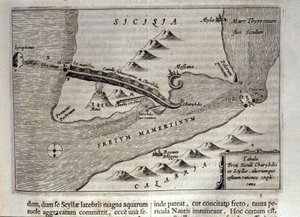 シチリア島メッシーナのデトロイトにおけるカリブデとスキュラの地図表現」 イエズス会、東洋学研究者、学者のアタナシウス・キルヒャー（1601-1680）による『Mundus Subterraneus』のエングレーヴィング 1682年