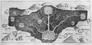 アタナシウス・キルヒャーが温泉の起源を示した地殻の断面図 作： Athanasius Kircher