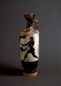 ギリシャ美術"ヘラクレスとアトラス" アトラスのディテール。アテナの画家が実現したレキトス（lecyth）の白（紀元前450-400年）。アテネ、国立考古学博物館 作： Athena Painter (workshop of)
