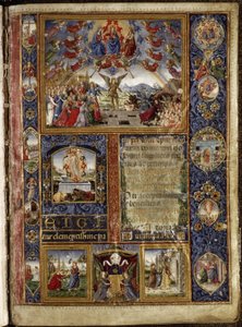 トマス・ジェイムズによるミサ典礼書：最後の審判、受難と聖母マリアの生涯の場面を描いたヴィネット。