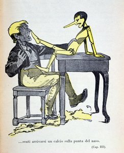 ゲペットは鼻先に蹴りを感じた」、カルロ・コッローディ（1826-90）作『ピノキオ』より、1935年にベンポラード社から出版された挿絵（カラー版画）