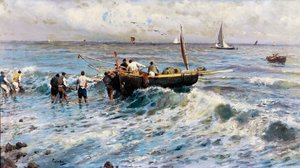 漁師のいる海の風景（絵画） 作： Attillo Pratella