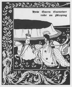 アーサー王伝説。"Queen Guenievre Queen of May" Sir Thomas Malory著『アーサー王物語』のエングレーヴィング、Aubrey Beardsley（1872-1898）が挿絵を描いた版 1893-1894（アーサー王伝説：Guenever（Guinevere）王妃のメイイング、Aubrey Beardによる挿絵 作： オーブリービアズリー