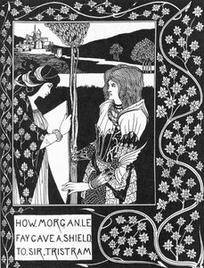 アーサー王伝説。"The fee Morgane gives a shield to Tristan" Engraving in "The story of Tristan and his adventures, which includes his love story with Isolde" "The Morte of Arthur" by Sir Thomas Malory, edition illustrated by Aubrey gave Beardsley ( 作： Aubrey Beardsley