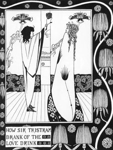 アーサー王伝説。"Tristan drinking the love philtre" Engraving in "The story of Tristan and his adventures, which includes his love story with Isolde" from Sir Thomas Malory, edition illustrated by Aubrey Beardsley (1872-1898) 1893-1894 (Arthuria)