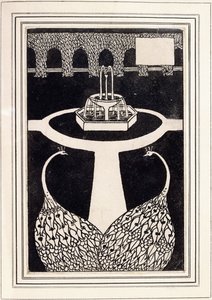 噴水のある庭にいる2匹の孔雀を描いた章の見出し、c.1893 - 4 作： Aubrey Beardsley