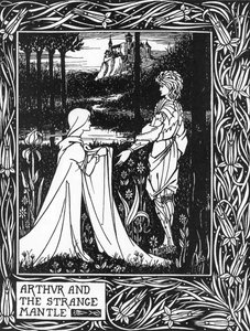 フィー・モルガンが送った少女の訪問を受けるアーサー王（King Arthur and the strange mantle sent by Morgan the fay） イラスト：オーブリー・ビアズリー（1872-1898） Thomas Malory