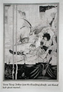 アーサー王は、探求する獣を見て、大きな驚きを感じた。 作： Aubrey Beardsley