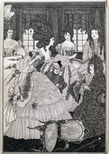 アレキサンダー・ポープ（1688-1744）のパブによる「髪盗人」から8番目のイラストを描いた「ボークスとベルの戦い」。レオナルド・スミザーズ 作： Aubrey Beardsley