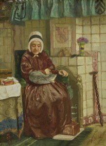 暖炉のそばの老婆 作： August Allebe