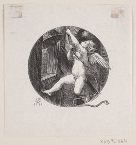 空飛ぶ天使と円形のビネット 作： August Jerndorff