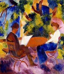 庭のテーブルで、1914 作： August Macke