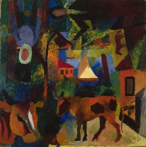 牛と帆船と彩色画のある風景 作： August Macke