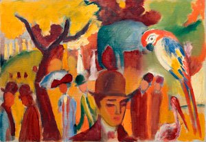 茶色と黄色の小さな動物園。 August Macke（1887-1914）による絵画、キャンバスに油彩 作： August Macke