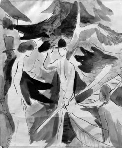 水辺の路上の人々