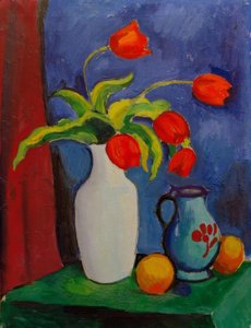 白い花瓶の赤いチューリップ 作： August Macke
