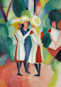 黄色い麦わら帽子をかぶった3人の女の子 作： August Macke