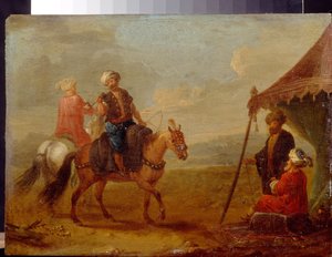 ターキッシュ ライダー - アウグスト クエルフルト (1696-1761) による絵画、木に油彩 作： August Querfurt