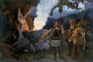 ケルトの戦士は巫女に相談します。 アウグストゥス・ディーフェンバッハーの絵画. 作： August Wilhelm Dieffenbacher