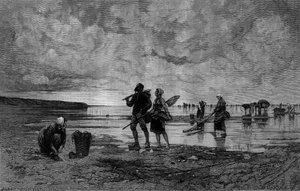 海峡の大海原（19世紀）：浜辺の貝の漁師たち。Hagborg Auguste Wilhem Nikolaus (1852-1921/1925)が描いた絵の後のエングレーヴィング（8月7日付「The Illustrous World」1219号