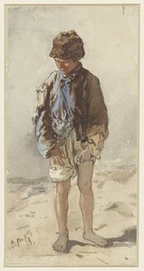 毛皮の帽子をかぶり、裸足で向かい合って立つハンガリーの少年 作： August Xaver Carl von Pettenkofen