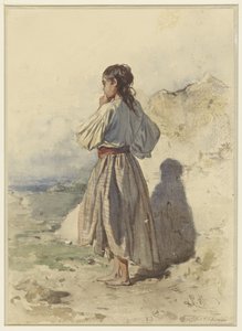 後ろから見た、左に 4 分の 3 の位置に立っているハンガリーの女性 作： August Xaver Carl von Pettenkofen