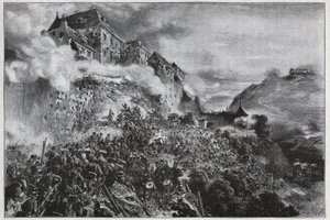 1848-1849年のハンガリー革命。1849年5月21日、ブダ（オーヴェン）城を襲撃するハンガリーの反乱軍 - August von Pettenkoferのリトグラフの後で 作： August Xaver Karl von Pettenkofen