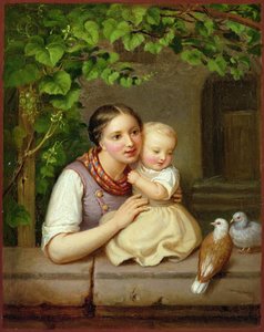 子供と2つの鳩（銅の油）を持つ母 作： August von der Embde