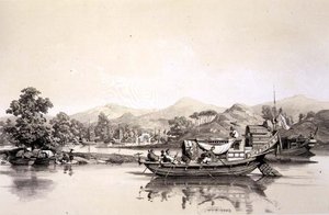 TchynayとCantonの税関の間を行き来する中国のフェリーボート、Eugene Ciceri（1813-90）が彫刻した「Sketches of China」のプレート18、1842年（彩色リトグラフ）。 作： Auguste (after) Borget