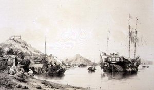満潮時のマカオの海岸、ユージン・シチェリ（1813-90）が彫った「中国のスケッチ」のプレート12（1842年）（彩色リトグラフ版 作： Auguste (after) Borget