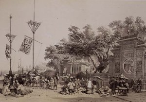 マカオ大寺院のファサード、ユージン・シチェリ（1813-90）が彫った「中国のスケッチ」の第9版、1842年（着色リトグラフ）。 作： Auguste (after) Borget