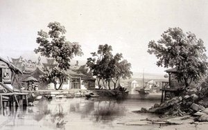 湖南の寺院と運河、「中国のスケッチ」よりプレート29、ユージン・シチェリ（1813-90）の彫刻、1842年（着色リトグラフ）。 作： Auguste (after) Borget