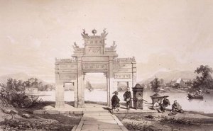 マカオ・カントン運河の凱旋門 ユージン・シチェリ（1813-90）が彫った「中国のスケッチ」のプレート19 1842年（彩色リトグラフ版） 作： Auguste (after) Borget