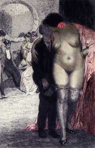 フランスの売春宿（娼館）の内部。娼婦と客。オーギュスト・ルルー（1871-1954）のイラスト。 作： オーギュスト（後）・ルルー