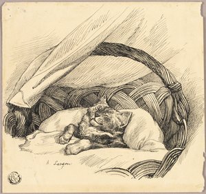 バスケットの中で眠る猫 作： Auguste Andre Lancon