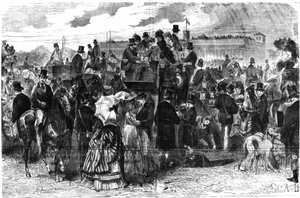 ロンシャンのレース。Le Grand Prix de Paris（ル・フィガロ誌1875年6月6日（日）付付録イラスト、ランソン作）。 作： Auguste Andre Lancon