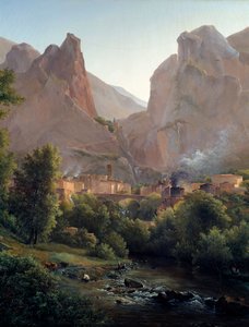 Moustiers Sainte Marie (Moustiers Sainte-Marie) の村の詳細。 オーギュスト ベック (1797-1874) の絵画 19 世紀のエクス アン プロヴァンス、グラネ美術館 作： Auguste Bec