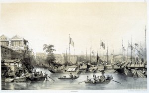 オーギュスト・ボルジェが描いた絵とウジェーヌ・シチェリが描いたリトグラフの「中国と中国人」の中にある、広東のヨーロッパの工場。 作： Auguste Borget