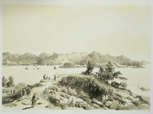 香港の湾と島、「中国のスケッチ」のプレート4、ユージーンシセリ（1813-90）1842年（刻印litho）の彫刻 作： Auguste Borget