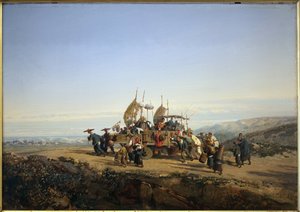 旅行者は帆を持った戦車を使い、男性が撃ちます。オーギュスト・ボルゲットによる絵画