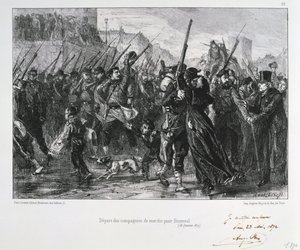 1871年1月18日、仏領プロイセン戦争、パリ包囲戦、ブンゼンヴァルに向けて出発するフランスの兵士 作： Auguste Bry