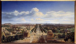 エトワール凱旋門から撮影したパリの眺め オーギュスト・カドル (1782-1849) による絵画 1843 日。 0,48x0,83 m パリ、カルナヴァレ美術館 作： Auguste Cadolle