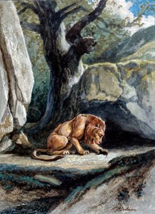ジャン・ド・ラ・フォンテーヌの寓話「ライオンとネズミ」の挿絵。 オーギュスト・デリエールによる水彩画（1829-c.1890） 作： Auguste Delierre