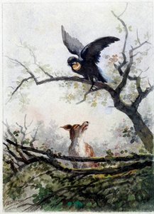 キツネとカラス。 ジャン・ド・ラ・フォンテーヌ (1621-1695) による寓話の挿絵 作： Auguste Delierre