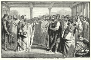 皇帝マルクス・アウレリウスが教えを請いに来た（エングレービング 作： Auguste Francois (after) Laby